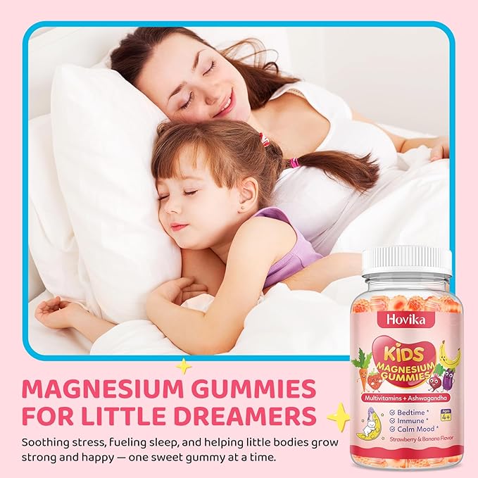 Kids Magnesium Gummies - Magnesium Glycinate Supplement Gummies with L-Theanine, Chamomile & Multivitamins for Sleep, Calm & Focus - Strawberry Banana Center-Filled Gummies 60 ct