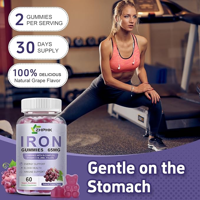 ZHPHK Iron Supplement for Women and Men, Grape Flavored Gummies 65mg and 250mg Vitamin C & Folate for Iron Deficiency and Anemia, Energy Support & Immune Health, 60 Count