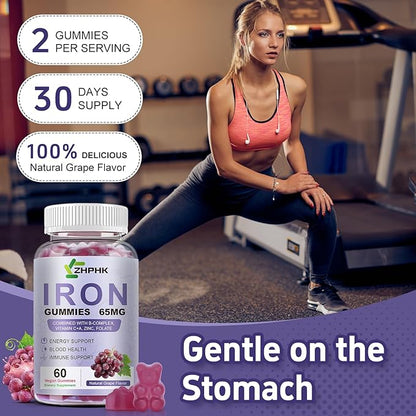 ZHPHK Iron Supplement for Women and Men, Grape Flavored Gummies 65mg and 250mg Vitamin C & Folate for Iron Deficiency and Anemia, Energy Support & Immune Health, 60 Count