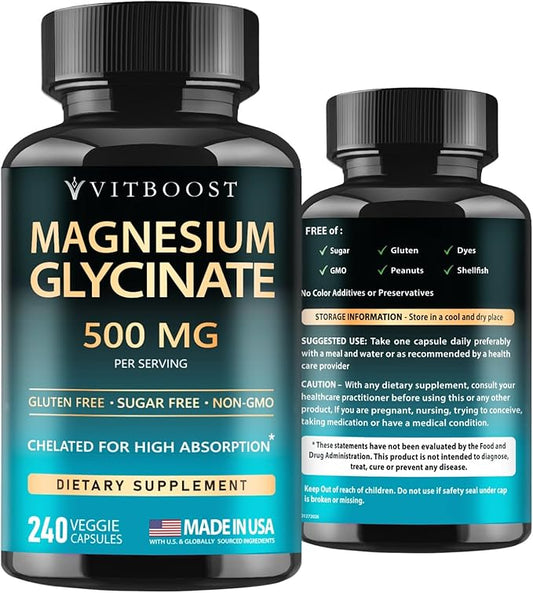 Magnesium Glycinate 500mg Chelate Capsules – 240 Count – 90mg Elemental Magnesium Per Serving – High Absorption Supplement – Non-GMO, Gluten Free – Made in USA