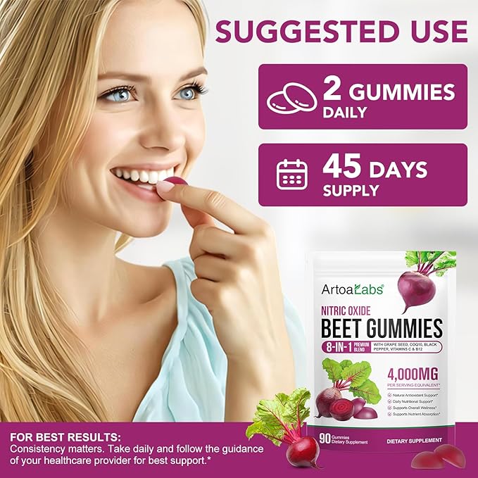 Super Beetroot Gummies, 8 in 1 Beet Root 4,000mg with Grape Seed Extract & CoQ10, Sugar Free - 90 Count (2)