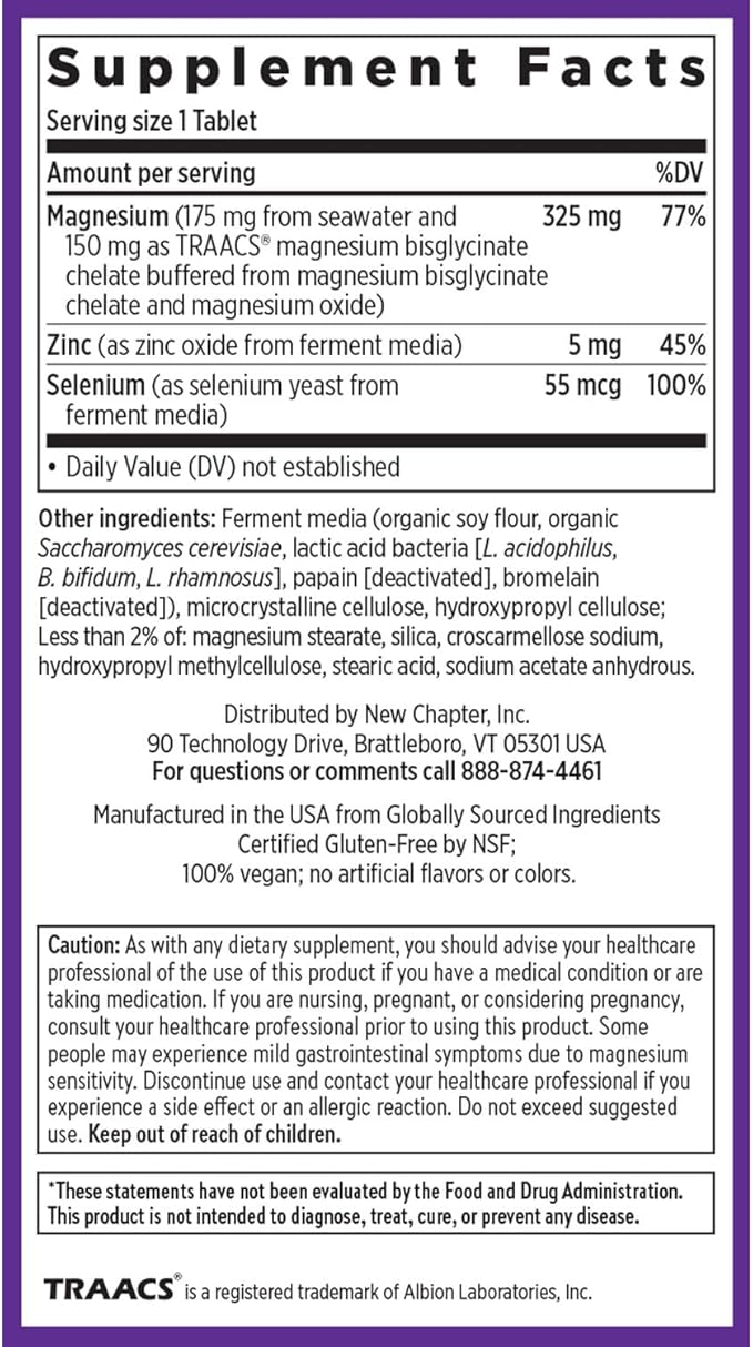 New Chapter Magnesium-Selenium-Zinc Supplement, 325 mg Magnesium in One-Daily Tablet for Active Bodies, Bounce Back After Exercise with Muscle Support Minerals + Hydrating Electrolytes, 30 Count