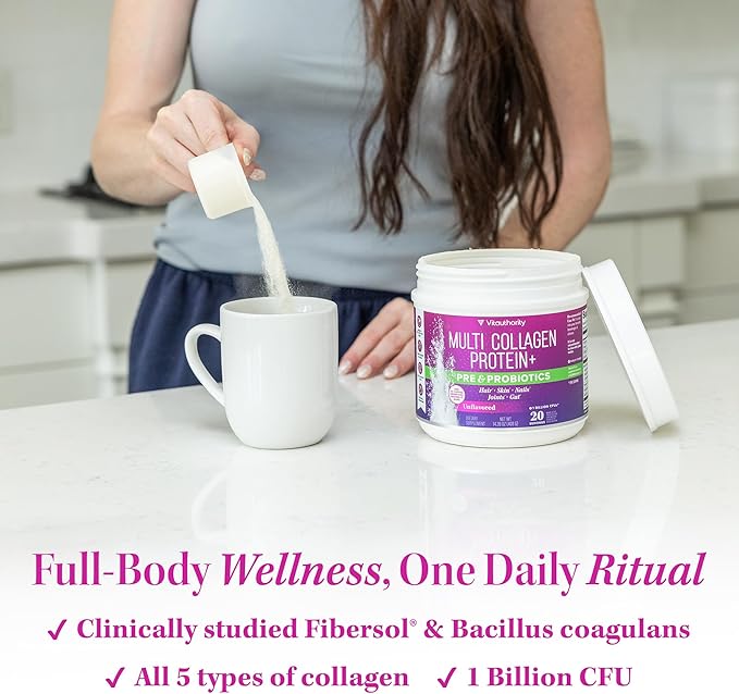 Multi Collagen Probiotics for Women Prebiotics Protein Powder | 20g Collagen Peptides Hyaluronic Acid Vitamin C & Fibersol Prebiotic Support Skin Elasticity Digestion Gut Health Unflavored 20 Servings