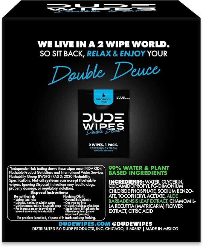 DUDE Wipes Double Deuce Unscented Travel Wipes - 2 Wipes per Pack (40 packs, 80 Count) - On-The-Go Adult Flushable Wipes for Sensitive Skin - Infused with Vitamin E and Aloe - Septic and Sewer Safe