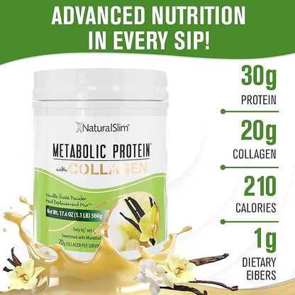 NaturalSlim Metabolic Protein Powder with Collagen, whey protein powder shake, Hydrolyzed Collagen with L-Glutamine for Metabolic Support, Digestion, Skin, Joints & Muscle, Low Carb 17.06 oz Vanilla