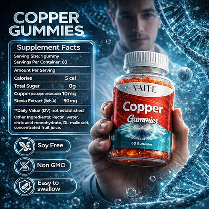 VAITE Copper Supplement Gummies 10 mg Amino Acid Chelate – Trace Mineral that Plays a Role in Collagen Formation, Gentle on Stomach, Supports Daily Nutrition & Balance – Vegan, Non-GMO, 60 Count