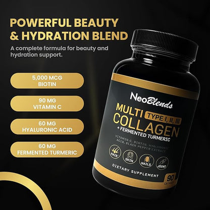 Multi Collagen + Fermented Turmeric – Hydrolyzed Collagen Types I, II & III with Biotin, Hyaluronic Acid & Vitamin C – Skin, Hair, Nail & Joint Support – 90 Capsules