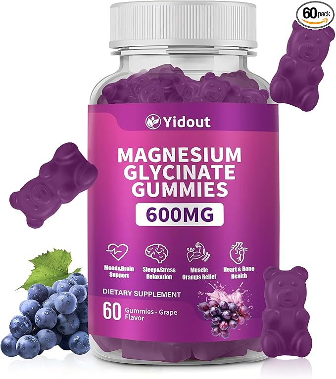 Magnesium Glycinate Gummies 600mg，High Absorption Magnesium Gummies, Sugar Free Chews for Adults & Kids Relaxation, Stress Relief (60 Count (Pack of 1))