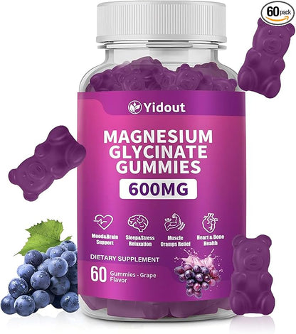 Magnesium Glycinate Gummies 600mg，High Absorption Magnesium Gummies, Sugar Free Chews for Adults & Kids Relaxation, Stress Relief (60 Count (Pack of 1))