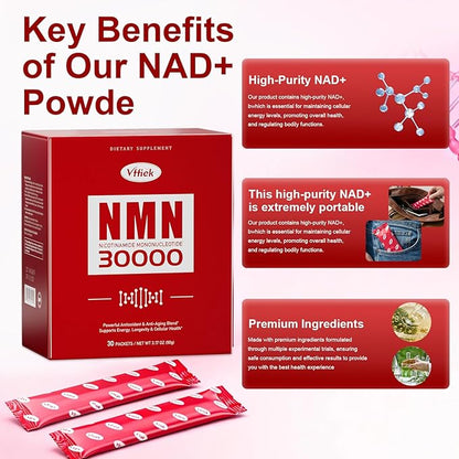 NMN Supplement 30,000 mg Contains TMG, Resveratrol, NR-Ribose, and PQQ Suitable for Men and Women Natural NAD+ Anti-Aging, Cellular Energy, Enhanced Focus - One-Month Supply