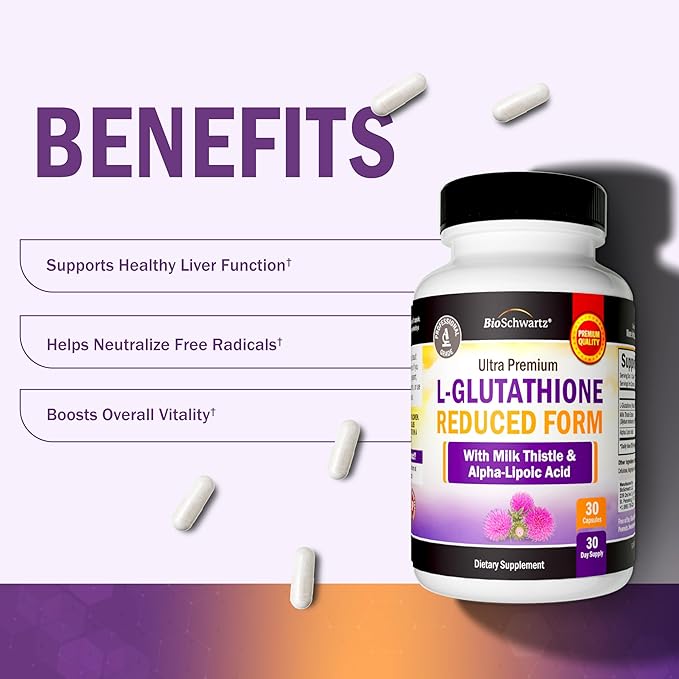 BioSchwartz Reduced Glutathione Supplement 500mg with Alpha Lipoic Acid 50mg & Milk Thistle 100mg - Glutathione Reduced Form - Gluten-Free, Third Party Quality Tested - 30 Capsules, 30 Day Supply