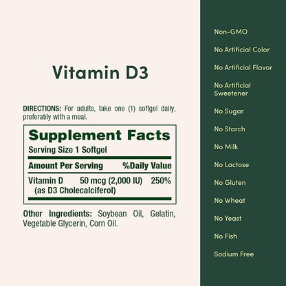 Nature's Bounty Vitamin D3 2000 IU | Supports Immune Health, Calcium Absorption & Bone Strength | Essential for Healthy Bones | Non-GMO, No-Gluten | 350 Softgels, 1 Serving Per Day for Daily Health