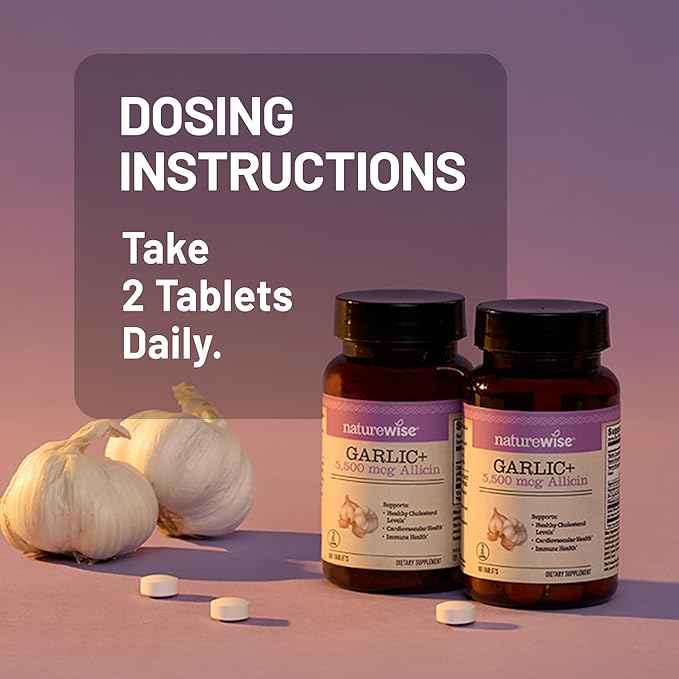 NatureWise Garlic Extract 5,500 mcg Allicin Supplement - Healthy Cholesterol & Blood Pressure Formula + Vitamins B & C - Vegan Tablets w/Enteric Coating, Non-GMO, Gluten-Free, 60 Count [30-Day Supply]
