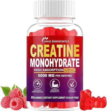 Creatine Monohydrate Gummies Infused with 5g Creatine for Men and Women, Chewable Creatine Monohydrate for Muscle Strength, Muscle Builder, Energy Boost, Pre-Workout Supplement- 90 Raspberry Gummies