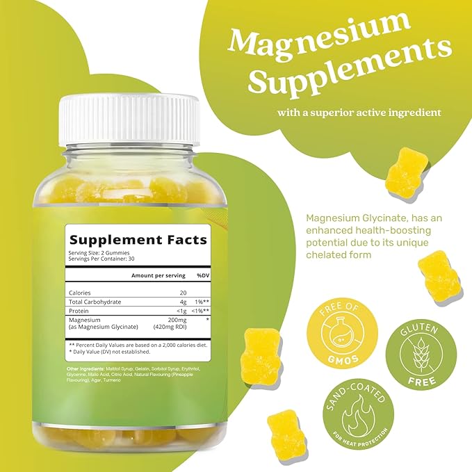 BeLive Magnesium Glycinate Gummies 200 mg - Sugar Free Supplement for Muscle Relaxation, Sleep Support, & Heart Health for Adults & Kids - Pineapple Flavor - 2 Pack, 120 Count