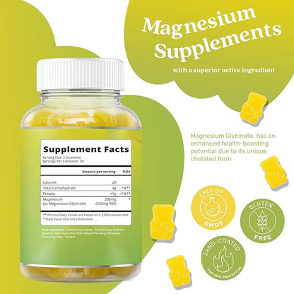 BeLive Magnesium Glycinate Gummies 200 mg - Sugar Free Supplement for Muscle Relaxation, Sleep Support, & Heart Health for Adults & Kids - Pineapple Flavor - 2 Pack, 120 Count