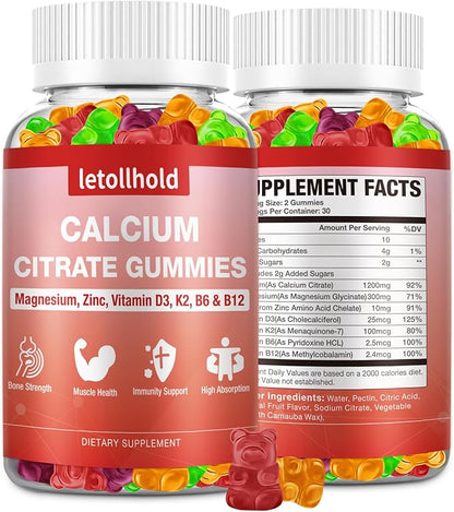 Calcium Citrate Gummies - 1200mg Calcium Gummies with Magnesium Zinc Vitamin D3,K2, B6, B12 for Bone, Muscle, Joints, Immune Support, High Absorption Calcium Supplements for Women & Men 2 Packs