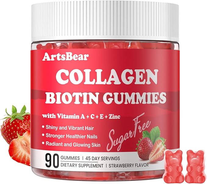 Collagen Gummies with Vitamins C, A, E, Zinc, and Biotin – Hydrolyzed Collagen Peptide Supplement for Hair, Skin, and Nails – Vegan, Sugar-Free, Strawberry Flavor – 90 Gummy