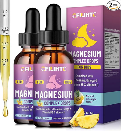 Kids Magnesium Liquid Drops-Magnesium Glycinate Liquid for Kids Supplement-w/L-theanine, Omega-3, Vitamin B6, D3 - for Sleep, Relaxation, Brain, Bones - Pineapple Flavor, 4 Fl Oz