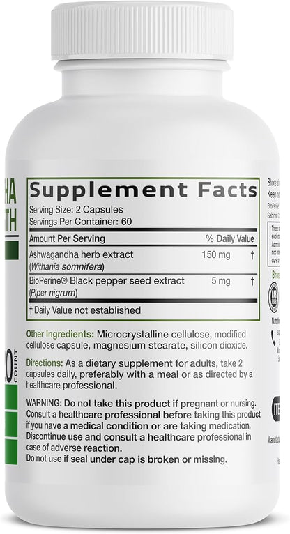 Bronson Ashwagandha Extra Strength Stress & Mood Support with BioPerine - Non GMO Formula, 120 Vegetarian Capsules