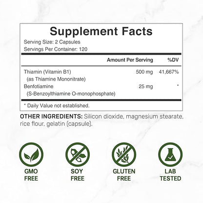 DEAL SUPPLEMENT Vitamin B1 500mg with Benfotiamine, 240 Capsules – 2 in 1 Enhanced Formula – Fat & Water Soluble Thiamine B1 Supplement – Third Party Tested, Non-GMO, No Gluten