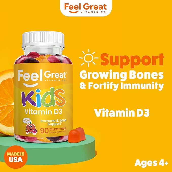 Feel Great Kids Vitamin D3 1000 IU | Kids Vitamin D Gummies for Healthy Bones, Mood, & Immune Support | Citrus Flavored Vegetarian D3 Gummies | 90 Day Supply