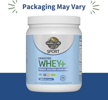 Garden of Life SPORT Whey Protein Powder Vanilla Flavor 20g Plus Marine Collagen Peptides & MSM for Women and Men, Optimum Amino Energy, Younger, Healthier Looking Skin - Grass Fed, About 15 Servings