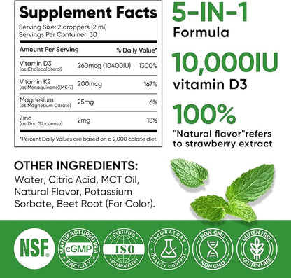 Venture Pal 5-in-1 Vitamin D3 10000 IU & K2 as MK-7 200mcg with Magnesium, MCT Oil, Zinc, Sugar-Free Vitamin D Liquid |Maximum Absorption for Bone, Mood & Immune Health - 2 FL OZ, 64 Days