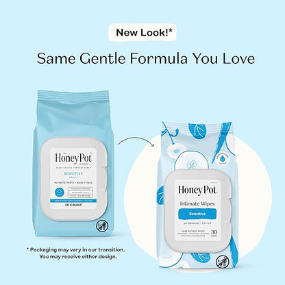 The Honey Pot Company - Feminine Wipes - Daily PH Balancing, Fragrance & Sulfate Free Wipes for Intimate Parts, Body, or Face - Hygiene Products - Sensitive 30 ct