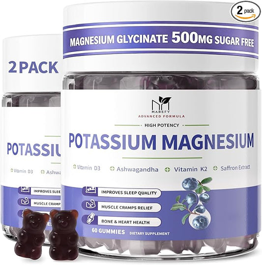 2 Pack Potassium Magnesium Gummies, Sugar-Free Potassium Gummies with Magnesium Glycinate 500mg Chewable Potassium Magnesium Supplements with Calcium, Zinc & Vitamins to Support Leg Muscle Relaxation