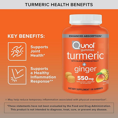 Qunol Turmeric and Ginger with Black Pepper Gummies, Turmeric Curcumin Supplement, Joint Health Support Gummy, 90ct Gummies