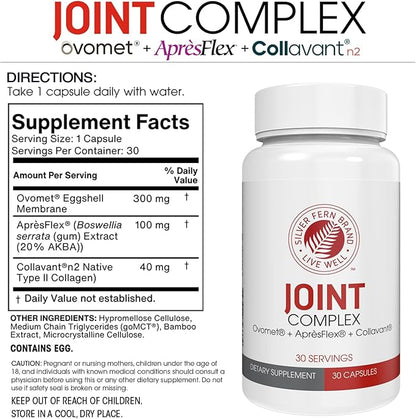 Silver Fern Brand Joint Complex – Daily Joint Support with AprèsFlex Boswellia, Ovomet Eggshell Membrane & Type II Collagen – 120 Capsules, 30-Day Supply