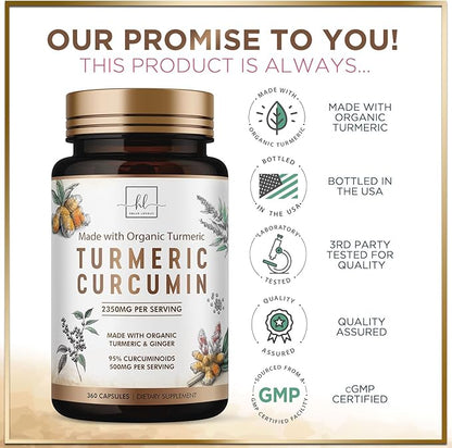Turmeric Curcumin Supplement with 95% Curcuminoids, Organic Turmeric & Ginger 1750mg, BioPerine Black Pepper for Best Absorption, Nature's Vegan Joint Support, Non-GMO, Bottled in USA - 360 Capsules