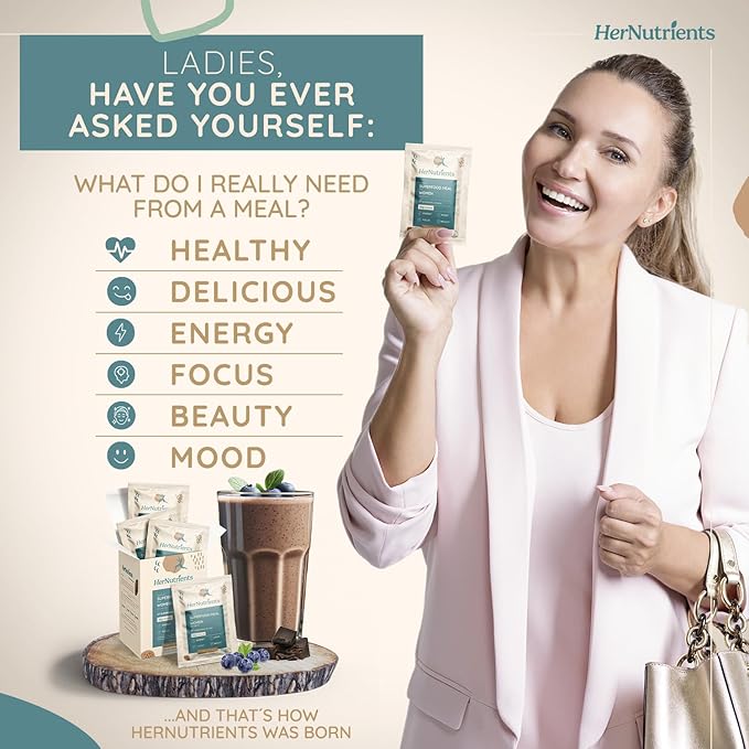 SuperFood Meal Replacement for Women - All-In-One Protein Powder with Greens & Vitamins & Collagen | Chocolate Protein Shake & Supplement Snack for Women's Health, Energy, Focus, Beauty, Mood, No Added Sugar (12 Packets On-The-Go, Chocolate)