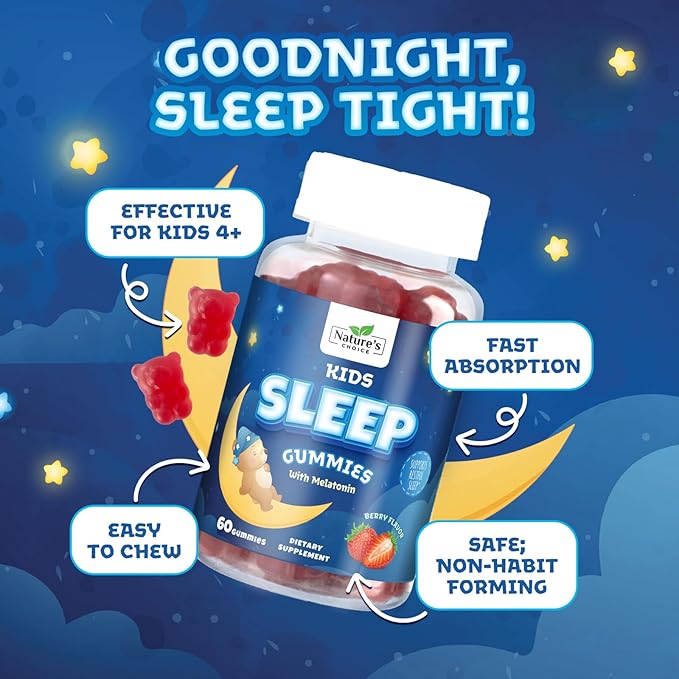 Nature's Choice Kids Sleep Gummies - 2mg Melatonin Per Serving - Children's Sleep Gummy, Non-Habit Forming, Works with Natural Sleep Cycle, Calm & Drug-Free, Tasty Natural Berry Flavor, 60 Gummies
