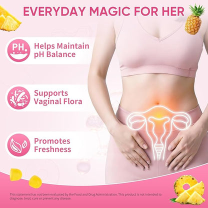 Feminine Probiotics Gummies with Slippery Elm - 60 Pineapple Gummies for Women ph Balance, Vaginal Probiotics Supports Flora, Gut Health & Immune System, Prebiotics & Lactobacillus Blend (Pineapple)