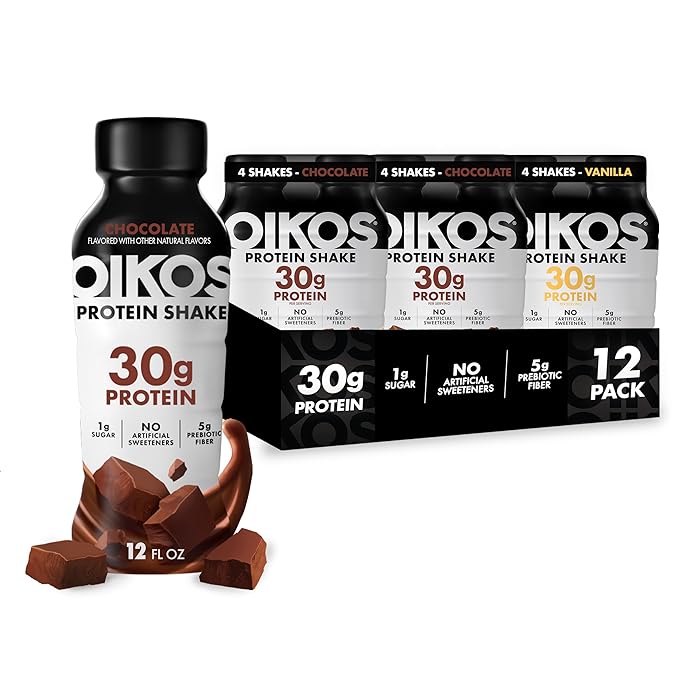 Oikos Protein Shake, Exclusive Variety Pack, 30g High Protein Drinks, Shelf Stable, Ready to Drink, 5g Prebiotic Fiber, 12 fl oz Bottle (8 ct Chocolate, 4 ct Vanilla)