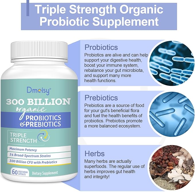 Probiotics for Women and Men, 300 Billion CFU 24 Strains Probiotics + 15 Organic Herbs Prebiotics Blend, Shelf Stable Gut Health Supplement for Digestive Immune & Whole-Body Health, 4 Month Supply