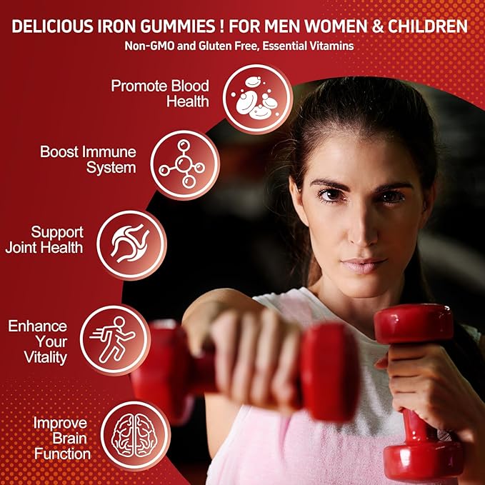 ZHPHK Iron Supplement Gummies, 65mg Iron for Women Men Kids, Natural Vegan Iron Gummy with Folate Gentle on Stomach, Gluten Free, Energy Support & Immune Health, 60 Gummies