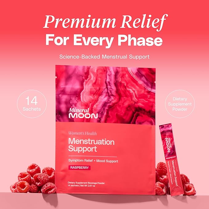Premium Menstruation Support - 14 Sachets Raspberry Drink - Hormonal Balance & PMS Support - Reduce Period Cramps, Fatigue & Nausea -with Magnesium Bisglycinate, BenfoPure B1 & Vitamin B6