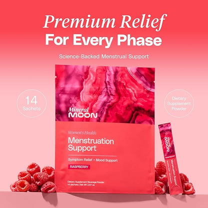 Premium Menstruation Support - 14 Sachets Raspberry Drink - Hormonal Balance & PMS Support - Reduce Period Cramps, Fatigue & Nausea -with Magnesium Bisglycinate, BenfoPure B1 & Vitamin B6