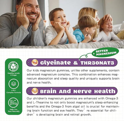 Magnesium Complex Gummies for Kids & Adults- Magnesium Glycinate Supplement- Support Calm Stress Relief, Bones, Mood Vegan- Sugar-Free Grape Flavor, 60 Gummies