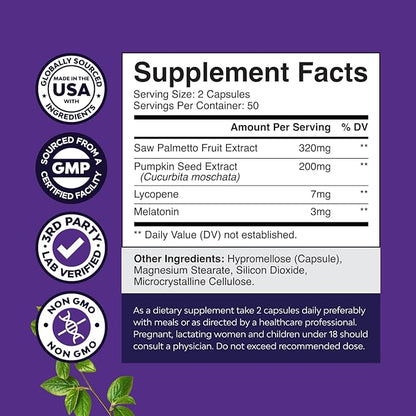 Nighttime Defense Saw Palmetto for Men-Saw Palmetto Extract Prostate Supplement for Men Help Reduce Night Urination Frequency Urgency& Overactive Bladder with Lycopene Pumpkin Seed and Melatonin 100ct