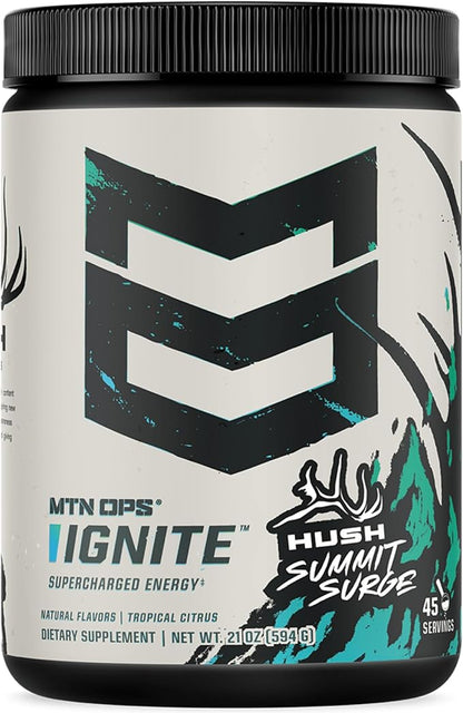MTN OPS Ignite Sugar Free Energy Drink Powder with 200mg Caffeine, Nootropic Blend for Energy, Focus & Endurance, L Arginine & L Citrulline Pre Workout, 45 Servings, Hush Summit Surge