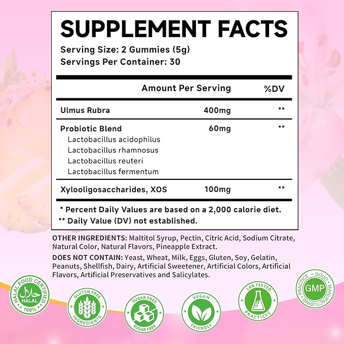Feminine Probiotics Gummies for Women with Slippery Elm Prebiotics & Lactobacillus Blend – Supports Healthy Flora, pH Balance, Gut & Immune Function, Pineapple Flavor, 60 Count
