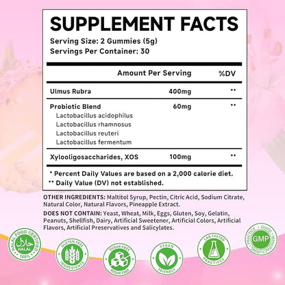 Feminine Probiotics Gummies for Women with Slippery Elm Prebiotics & Lactobacillus Blend – Supports Healthy Flora, pH Balance, Gut & Immune Function, Pineapple Flavor, 60 Count