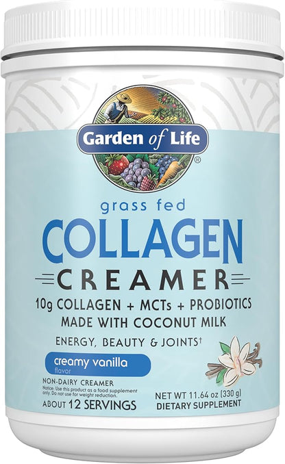 Garden of Life Grass Fed Collagen Creamer Powder - Creamy Vanilla, 12 Servings, Powder for Coffee Energy Beauty Joints, Collagen Peptides with Coconut MCTs, Keto Protein Supplements