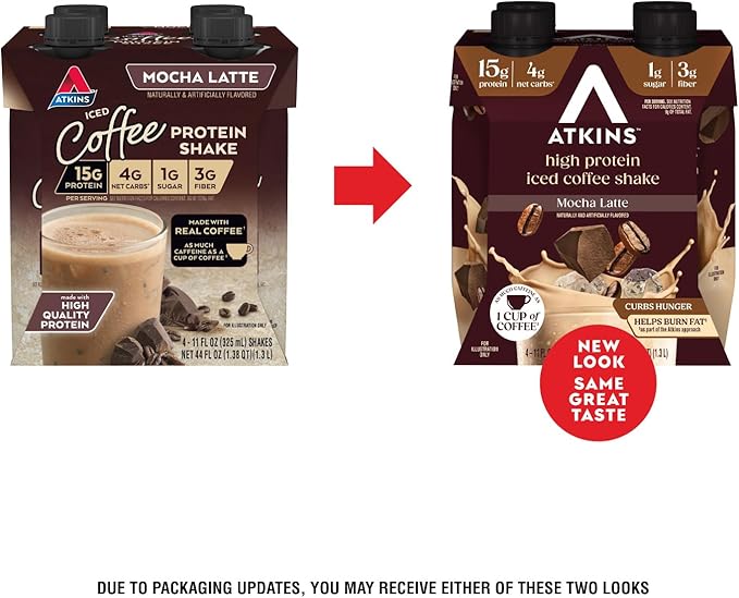 Atkins Mocha Latte Iced Coffee Flavored Protein Shake, High Protein, Low Glycemic, Low Carb and Low Sugar Shakes, Keto-Friendly, 12 Pack