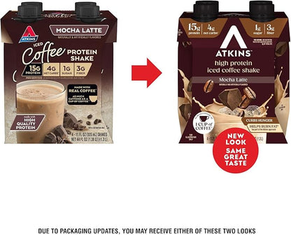 Atkins Mocha Latte Iced Coffee Flavored Protein Shake, High Protein, Low Glycemic, Low Carb and Low Sugar Shakes, Keto-Friendly, 12 Pack
