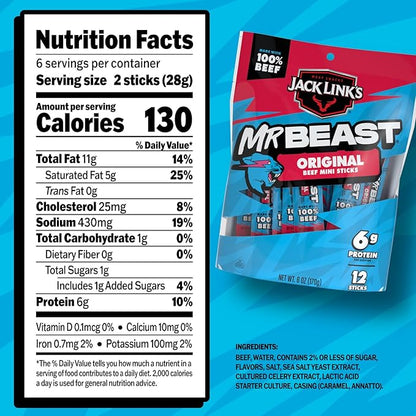 Jack Link’s x MrBeast Beef Sticks, Original Mini Beef Sticks, As Seen on Beast Games, 5g Protein, Made with 100% Real Beef, Pantry-Ready Snacks, 12 Count